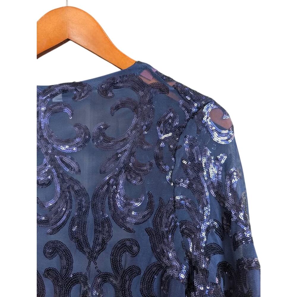 Sequin Mesh Duster Cardigan Navy Long Open Front Sheer Evening Cover Up Medium - Picture 3 of 8